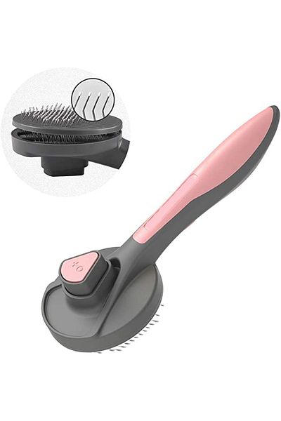 Technojet مشط تجميع الشعر ذو الأزرار للتنظيف التلقائي للكلاب والقطط من Pink Pet وفرشاة العناية بالحيوانات الأليفة