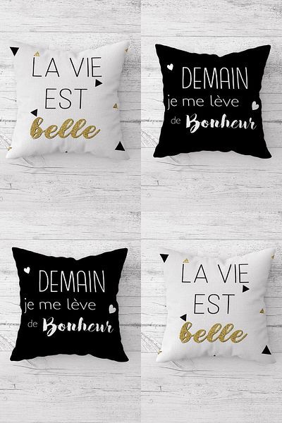 on the clouds La Vie Est Belle Written Concealed Zippered Throw Pillow Cover Seat Pillow Cover Set (4pcs)