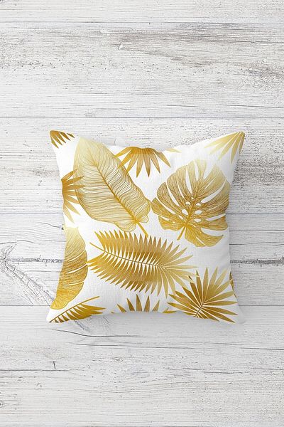 Pelangi Gold Feather and Leaf Patterned Hidden Zippered Throw Pillow Cover Sofa Pillow Cover Set (4pcs)
