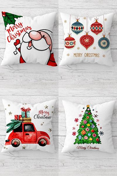 Pelangi Santa Claus Pine Tree Gift Christmas Hidden Zippered Throw Pillow Cover Seat Pillow Case Set (4pcs)