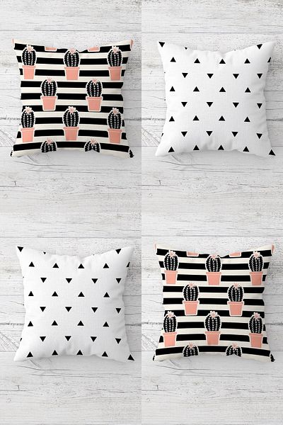 linazaitun Saks Colorful Cactus and Triangle Patterned Hidden Zippered Throw Pillow Cover Set - 4 Pieces