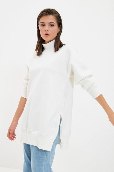 Trendyol Collection Ecru Long Oversize/Wide Fit Stojací límec na zip Silný fleece uvnitř Pletená mikina TWOAW20SW0322