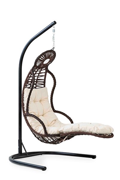 Eymense Elit Demonte Ayak Uzatmalı Rattan Salıncak Kahve Krem Oturum