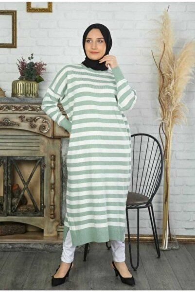 MODAMÜNASİP Υπέροχο γυναικείο ριγέ μακρύ πλεκτό χιτώνα με σκισίματα στα πλαϊνά