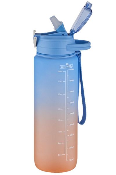 Vagonlife 1000ml Blue Motivational Water Bottle - Plastic with Thick Straw, Double Color Gift 1 l