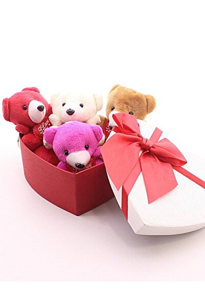 HediyeFilesi Kalp Kutuda 4 Adet Mini Ayıcık Hediye Kutusu Set