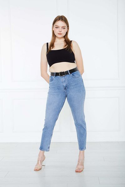 cracpot Plus Size Mom Jeans with Back Pocket Plate Detail