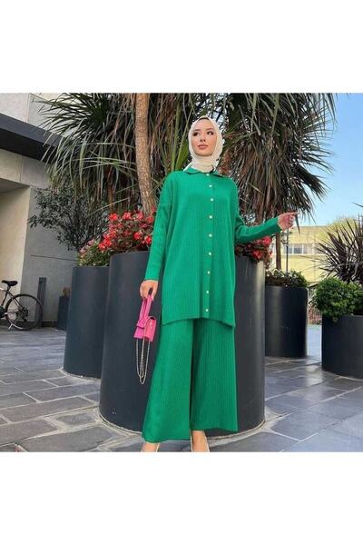 MODAMÜNASİP Υπέροχο γυναικείο πουκάμισο με κουμπιά γιακά παντελόνι και χιτώνα πλεκτό σετ