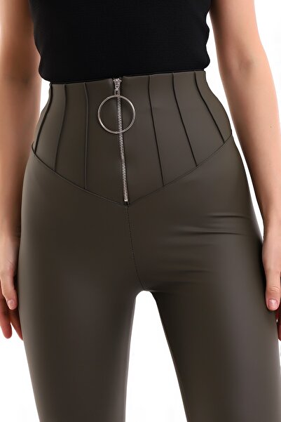 winmoda Εξαιρετικά ελαστικό κολάν με φερμουάρ από συνθετικό δέρμα χακί