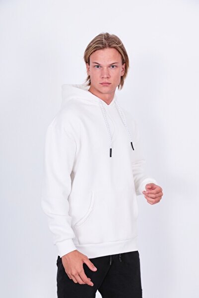 Saw Urbanity Ekru Beyaz Unisex Oversize Basic Düz Şardonlu Kapişonlu 3 Iplik Sweatshirt Hoodie