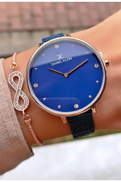 Daniel Klein Brand Navy Blue Rose Color Thin Cord Women's Wristwatch - with Bracelet Gift