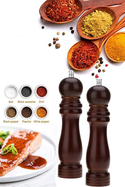 Technojet Set of 2 Black Pepper Salt Coffee Spice Grinder Wooden Manual Hand Grinder Salt Shakers 2 Pieces Brown