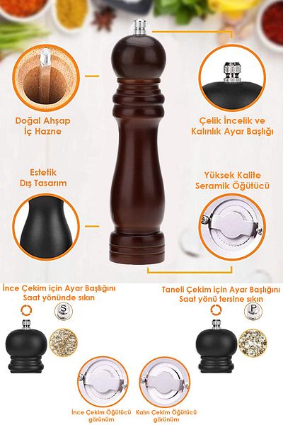 Technojet Set of 2 Black Pepper Salt Coffee Spice Grinder Wooden Manual Hand Grinder Salt Shakers 2 Pieces Brown