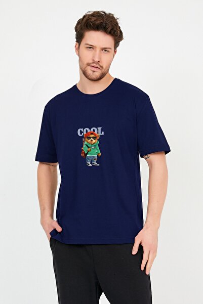 ADEGO Men's Navy Blue Cool Teddy Bear Printed Crew Neck Oversize Cotton T-shirt