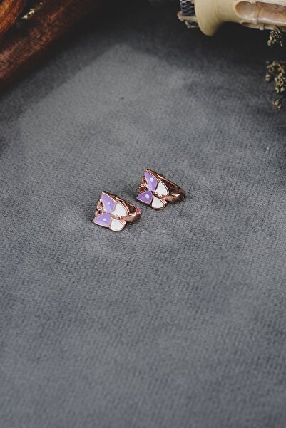 ENCİLİ SİLVER 925 Ayar Gümüş Lila-beyaz Rose Renk Kelebek Model Çocuk J Küpe