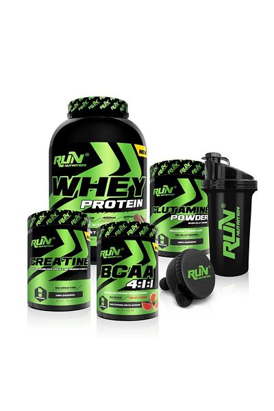 Run Nutrition Muscle Mass, Bodybuilding(WHEY PROTEIN 2.4KG CHOCOLATE,CREATINE,GLUTAMINE,BCAA CARPOSE)-2 With Gift