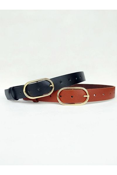 Kemerix 100% Genuine Leather 2-Piece Women's Belt with Gold Buckle