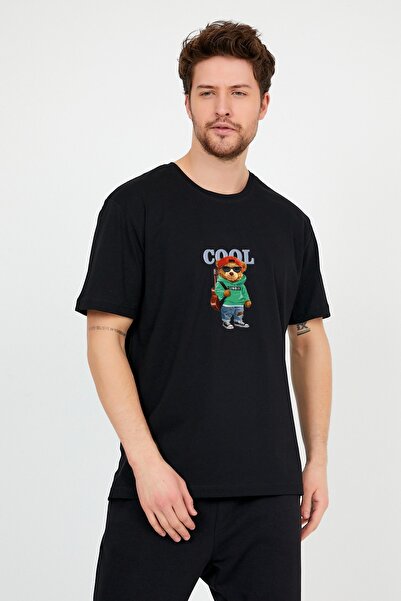 ADEGO Men's Black Cool Teddy Bear Printed Crew Neck Oversize Cotton T-shirt