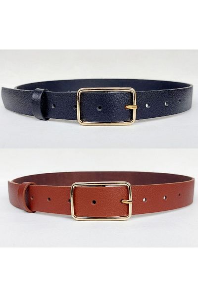 Kemerix 100% Genuine Leather Black - Tan 2-Piece Women's Belt with Gold Rectangular Buckle