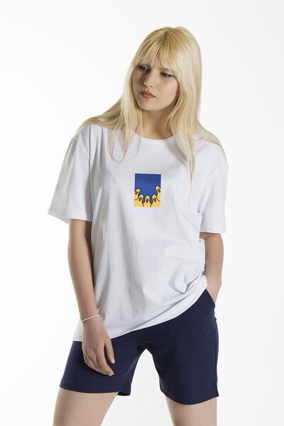 ADEGO Women's White Duck Printed Crew Neck Oversize Cotton T-shirt