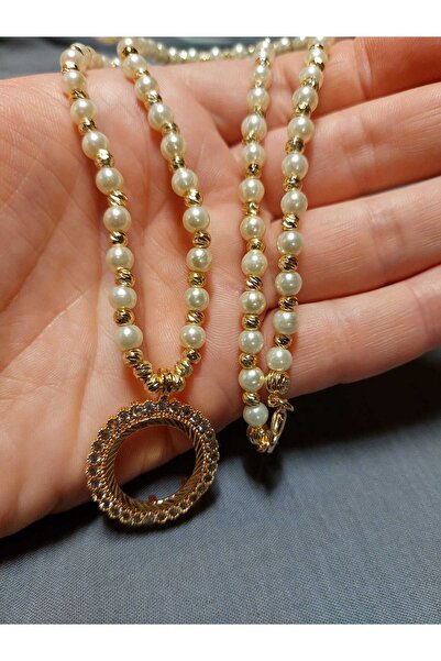 GEZERGOLD TAKI Kadın Incili Dorika Altın Kaplama Zirkon Taşlı Çeyrek Kolye