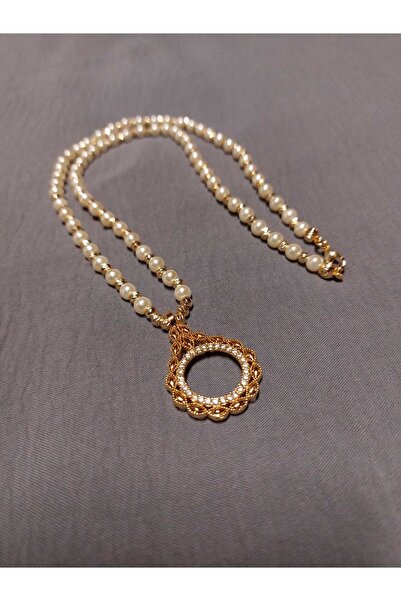 GEZERGOLD TAKI Kadın Incili Dorika Altın Kaplama Zirkon Taşlı Çeyrek Kolye