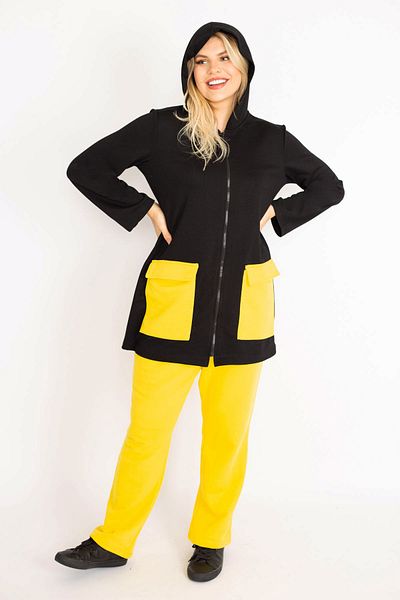 Şans Women's Large Size Yellow Pocket Combination Hooded Front Zipper Sweatshirt Trousers Set 65n34904