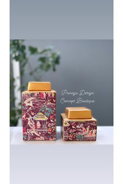 Panega Design Kahverengi Asya Temalı Kare Kavanoz Takım