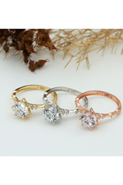 Kuyumcum Rose Gold Tektaş 14 Ayar Altın Yüzük Özel Tasarım Lotus Çiçeği Trend...