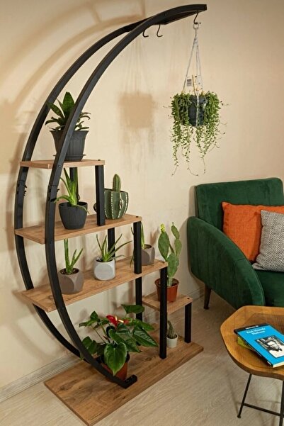 Hamak Sepeti Askılı Ve Ahşap Raflı Dekoratif Metal Çiçeklik Saksılık