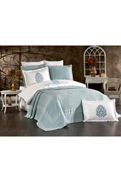 Finezza Pandora Jacquard Embroidered Cotton Duvet Cover Aqua Green Bridal Set...