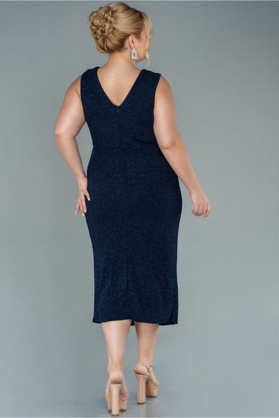 Abiyefon Navy Blue Double Breasted Collar Sleeveless Midi Glitter Plus Size Evening Dress Abk1492
