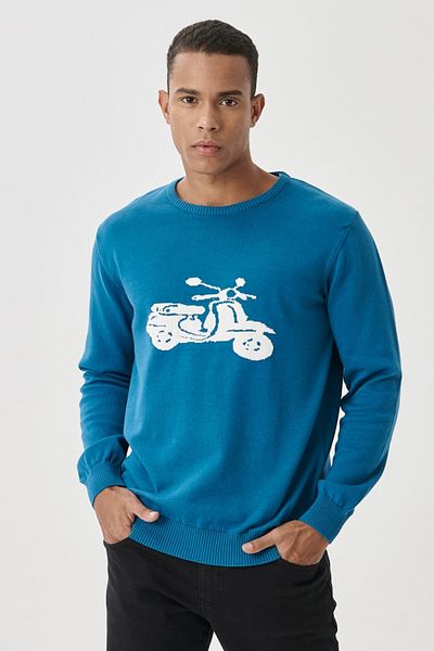 AC&Co / Altınyıldız Classics Men's Petrol-ecru Standard Fit Crew Neck Patterned 100% Cotton Knitwear Sweater