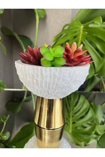 MIARIK DESIGN & DEKORASYON Dekoratıf Beyaz Mermer Pirinç Ayaklı Kase Çanak