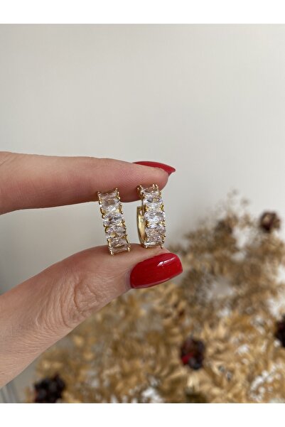 ACCESSORIES WORLD Kadın Zirkon Taşlı Gold Renk Çelik Halka Küpe