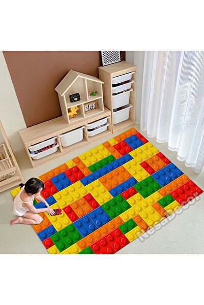 NesaDecor Dijital Baskı Dokuma Taban Halı Eğlence Halısı Renkli Lego Desenli ...
