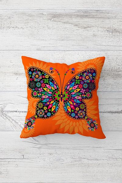 on the clouds Orange Butterfly Patterned - Hidden Zippered Throw Pillow Cover Set (4pcs)
