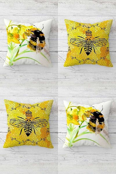 on the clouds Bee Flower Balpette Pattern Hidden Zippered Throw Pillow Cover Seat Pillow Cover Set (4pcs)