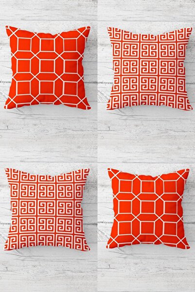 Pelangi غطاء وسادة مخطط هندسي برتقالي - مجموعة مفصلة بسحاب مخفي (4 قطع)