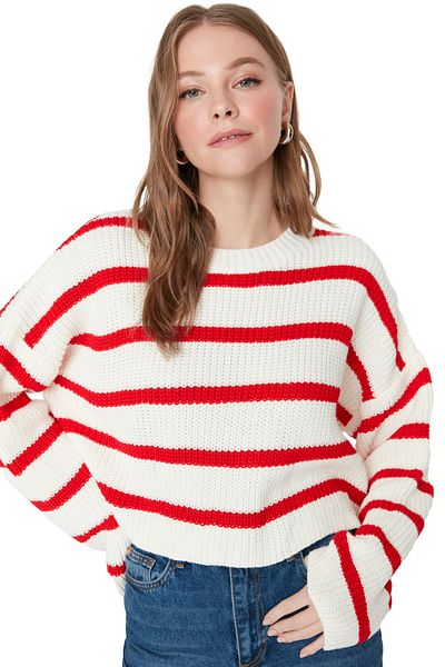 Trendyol Collection Ecru Crop Basic pruhovaný úpletový svetr TWOAW23KZ00390