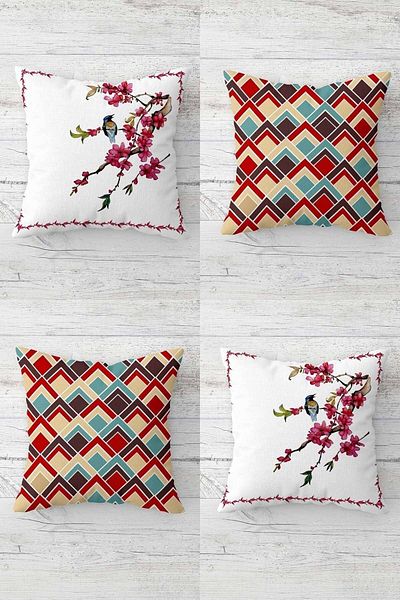 Pelangi Spring Branch Bird Patterned Hidden Zippered Throw Pillow Cover Sofa Pillow Cover Set (4pcs)