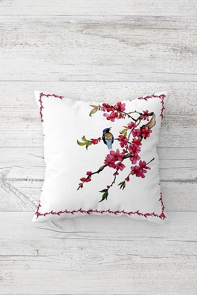 Pelangi Spring Branch Bird Patterned Hidden Zippered Throw Pillow Cover Sofa Pillow Cover Set (4pcs)