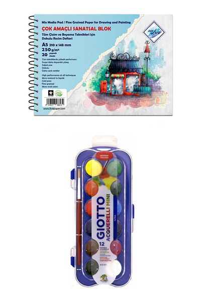 GLANCE Art Liva Artistic Painting Notebook 250 Gr A5 (water Tech) Giotto Watercolor Set 23 Mm 12 Pieces