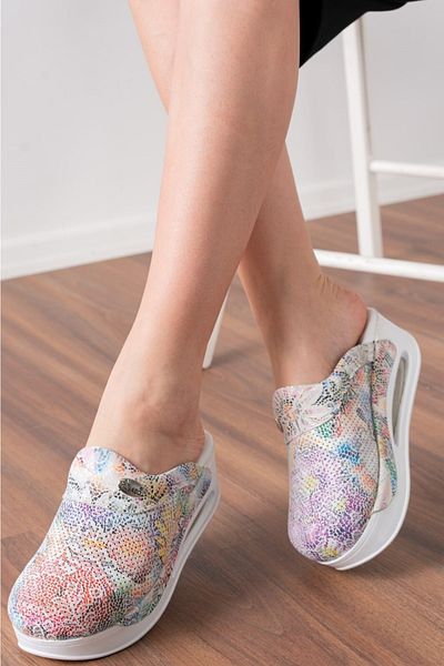BLUMSABOTERLİK New Season Marbling Pattern Genuine Leather Air Max Women's Orthopedic and Anatomical Comfortable and Comfortable Slippers