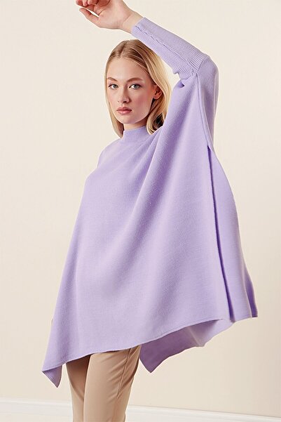 LE CARAMBOLE Kadın Lila Oversize Yırtmaçlı Panço Kazak