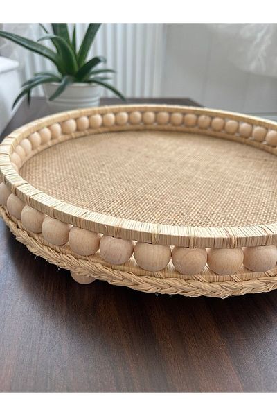 FN 22 cm Wide Wooden Beaded Natural Raffia Wicker Presentation Tray - Handmade Basket