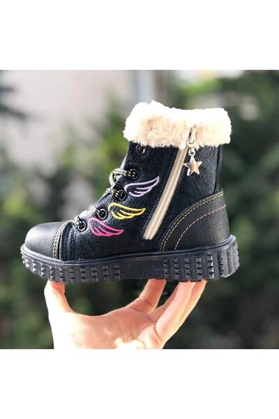 Pandalina Çocuk Botu Ortopedik Içi Kürklü Fermuarlı Melek Kanadı Detaylı Çocuk Botu Kaydırmaz Taban Çocuk Botu