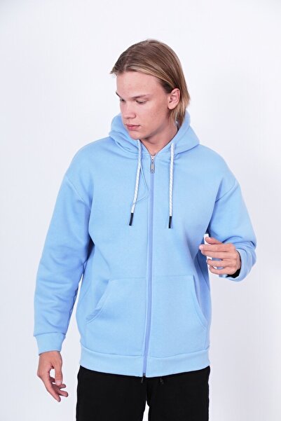 Saw Urbanity Mavi Oversize Kapüşonlu Fermuarlı Şardonlu 3 Iplik Kanguru Cepli Basic Sweatshirt Hoodie