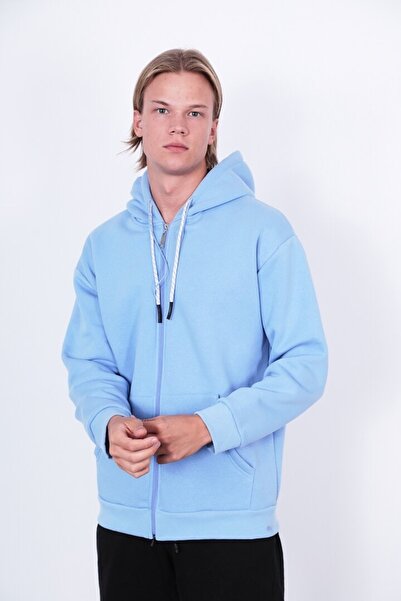 Saw Urbanity Mavi Oversize Kapüşonlu Fermuarlı Şardonlu 3 Iplik Kanguru Cepli Basic Sweatshirt Hoodie
