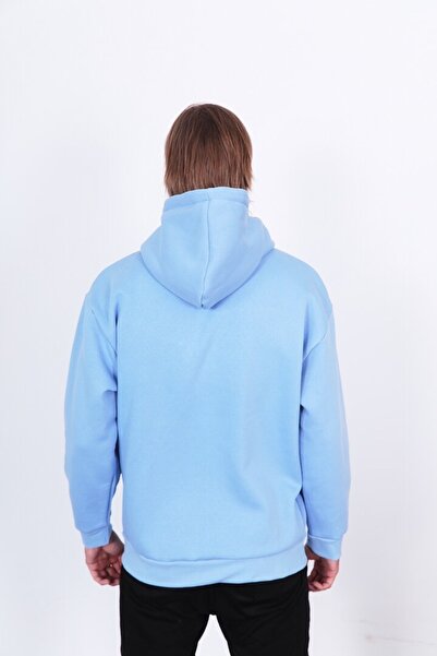Saw Urbanity Mavi Oversize Kapüşonlu Fermuarlı Şardonlu 3 Iplik Kanguru Cepli Basic Sweatshirt Hoodie